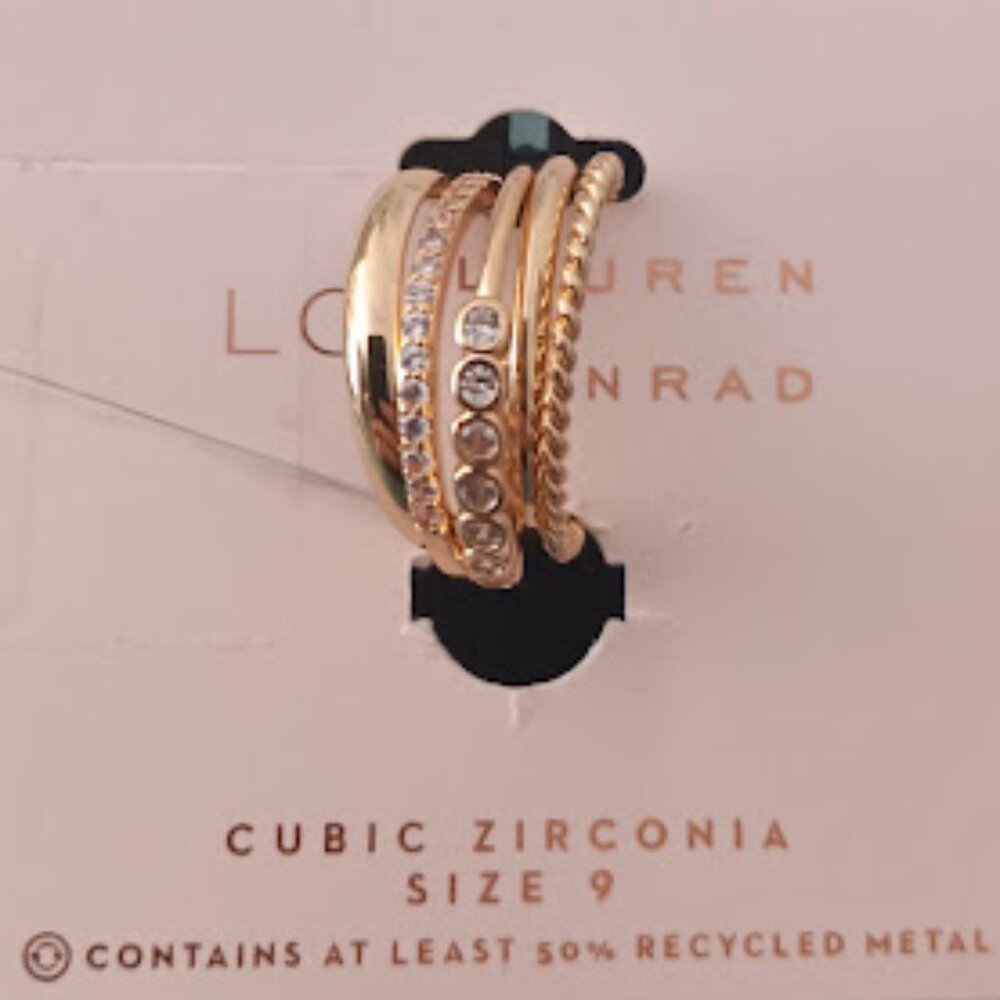 LC LAUREN CONRAD 5pc Gold & Crystal Bezel Set/Channel Set/Rope/Smooth SZ 9 Rings